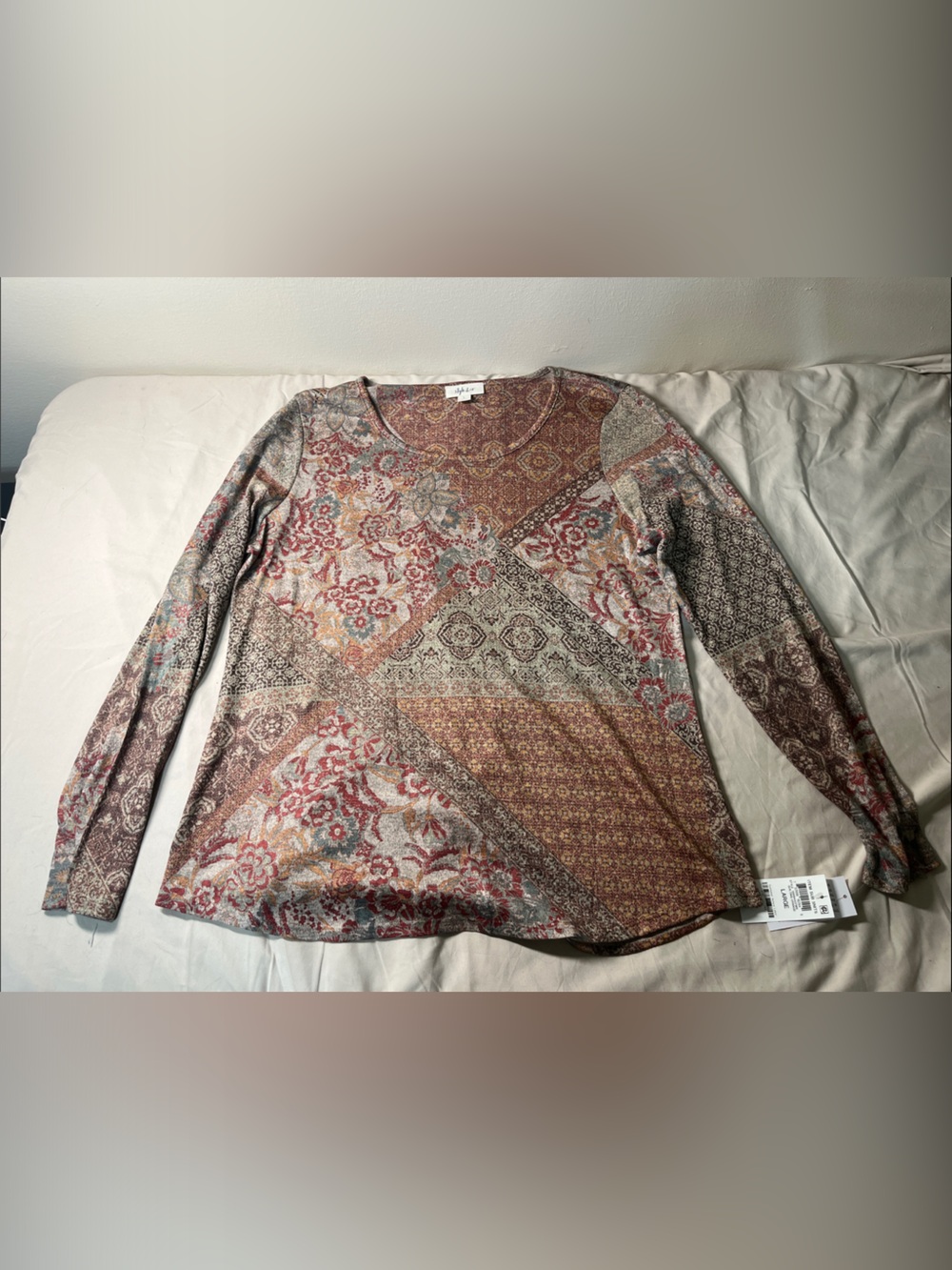 Style & Co. Long Sleeve Patchwork Paisley Top in Brown and Red
